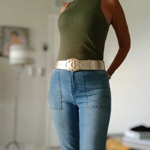 Chanel Oval CC Buckle Gold & Silver Leather Belt.